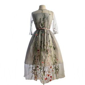 Embroidered chiffon floral overlay dress| Shilong